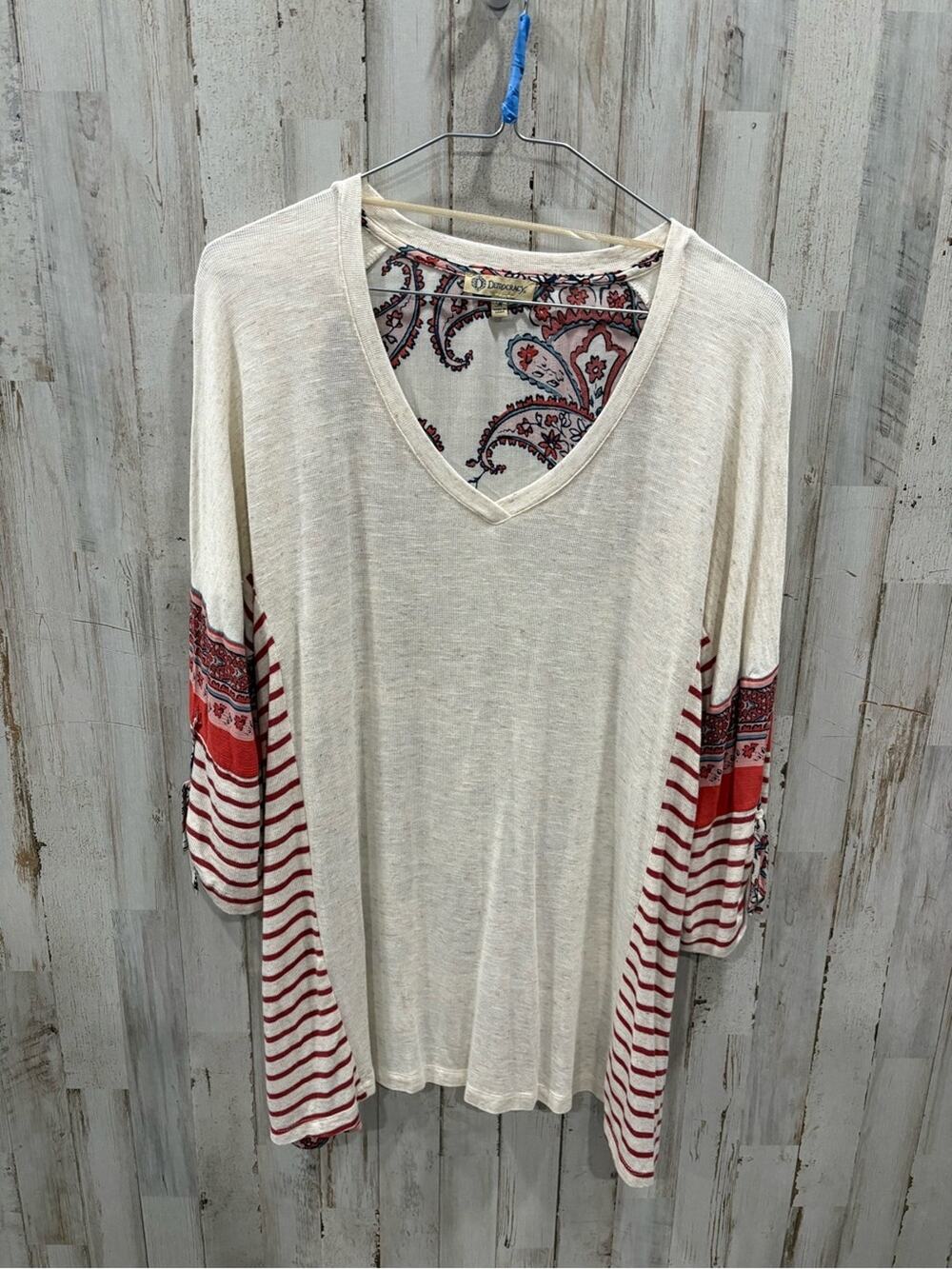 Democracy Boho Tunic Top Paisley Stripe Sleeve V-Neck Medium Linen Oversized